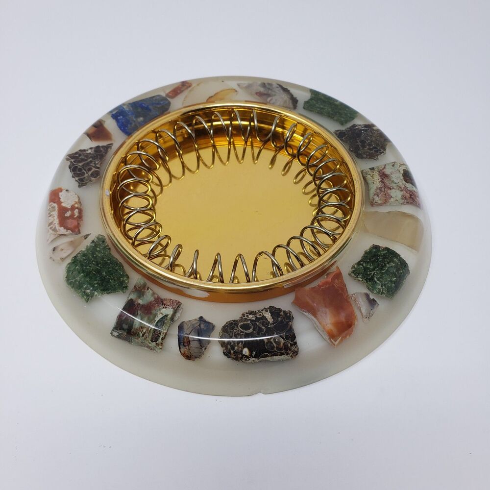 Vintage Mid-Century Modern Lucite Ashtray Real Semi-Precious Stones Gold Insert